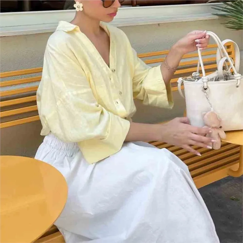 Camisa informal a rayas para mujer, blusa holgada con cuello vuelto y una botonadura, camisa de manga larga Vintage para oficina, novedad de verano 2025