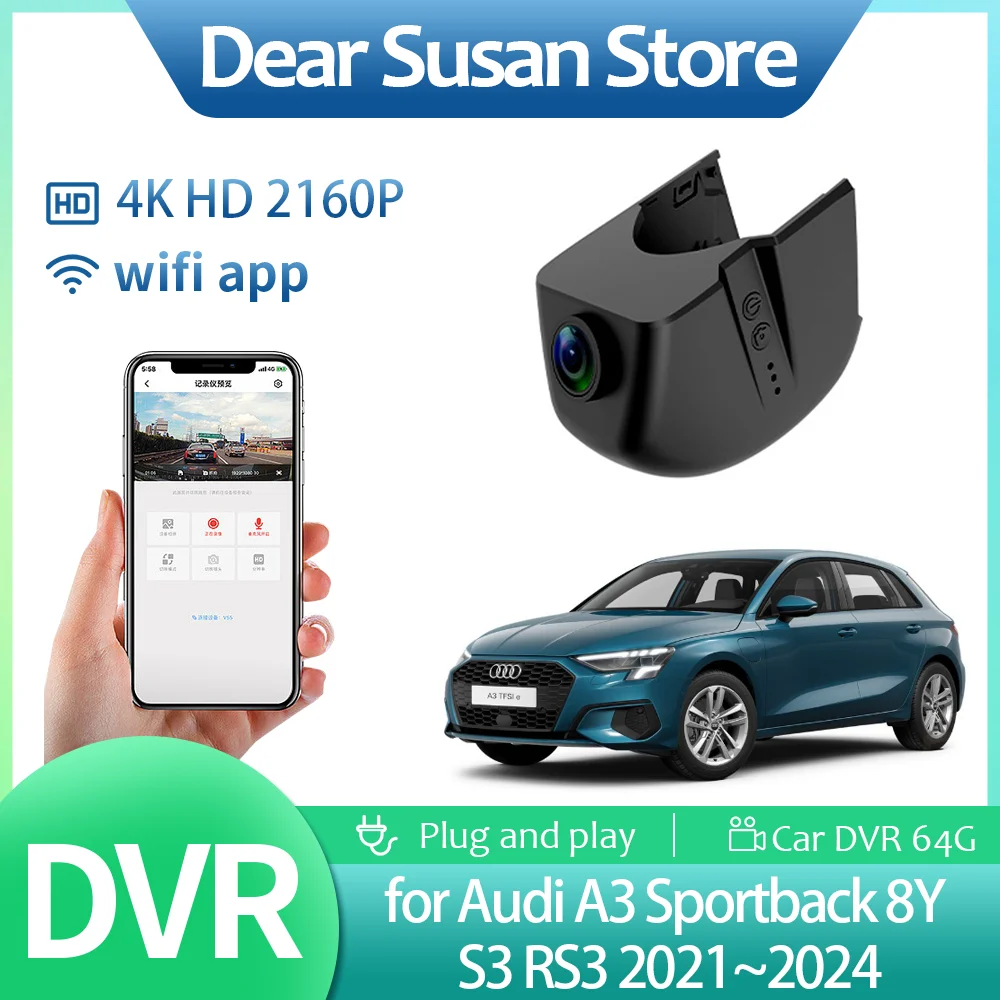 Car Video DVR for Audi A3 Sportback 8Y S3 RS3 2021~2024 4K HD Driving Recorder Camera Night Vision Monitor Accessories 2022 2023