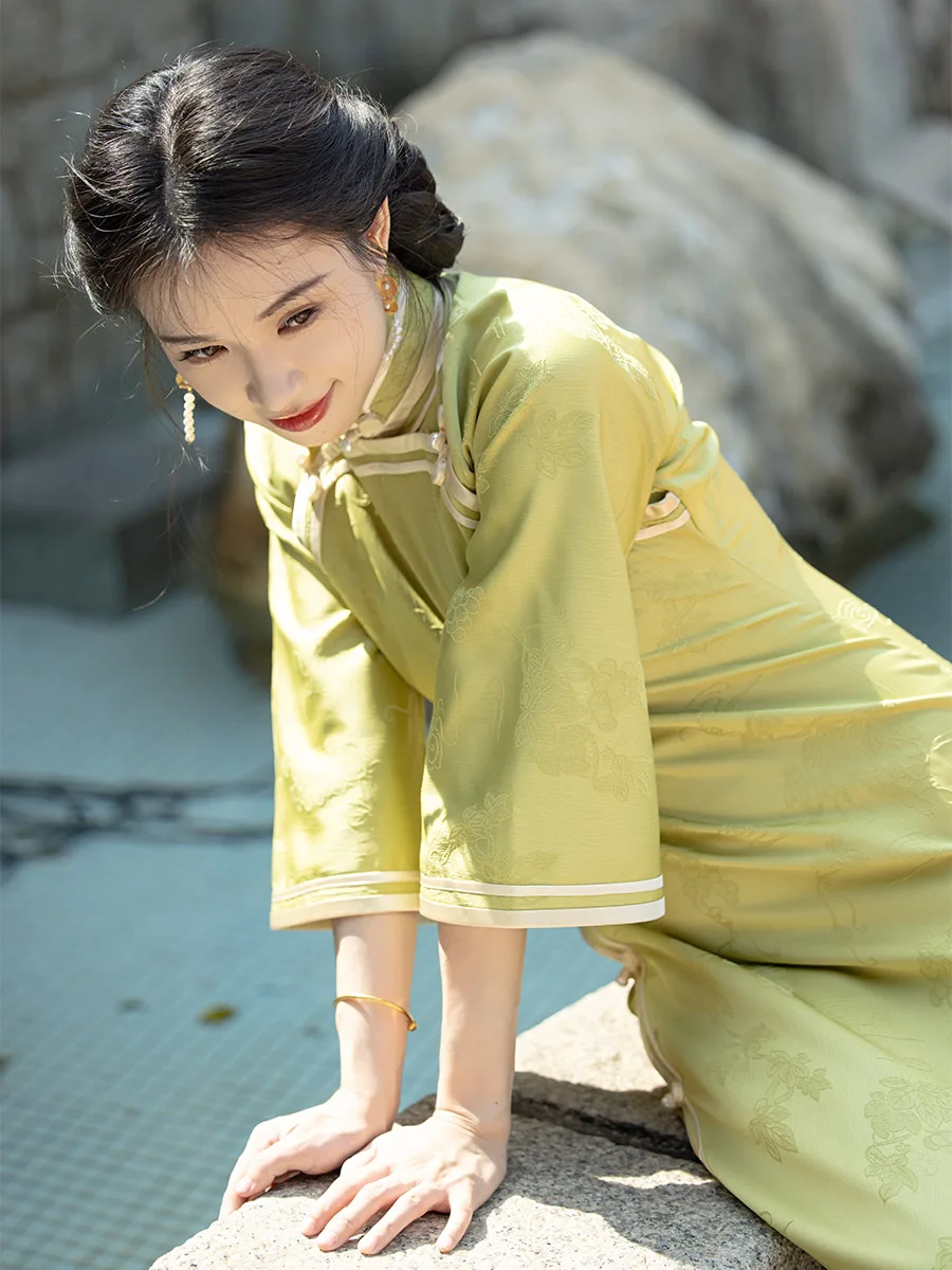 Spring Mountain een Flower Double Collar Wide Sve Full Opening Sle Long Plain Cut Retro Wind Women's Dr