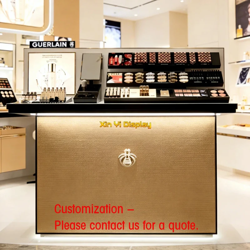 

custom.Luxury Gold Painted LED Modern Makeup Shop Showcase Custom Stainless Steel Glass Back Display Cabinet Mall E