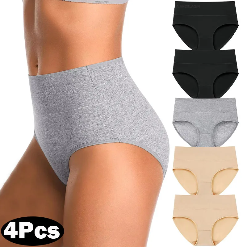 Bragas de algodón para mujer, ropa interior de cintura alta, moldeadores abdominales delgados, bragas de talla grande, lencería Sexy para niña 4 Uds.