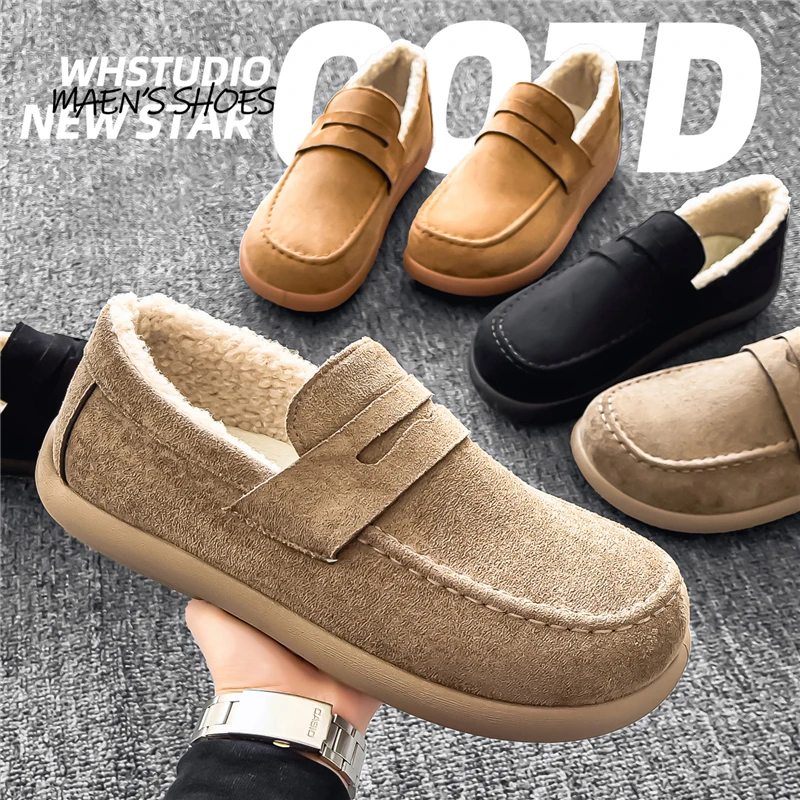 Platform Boat shoes Men's Loafers Winter Shoes Slip On Warm Fleece Low Top Snow Boots Plush Flat Moccasin Fur Lined Casual Shoes