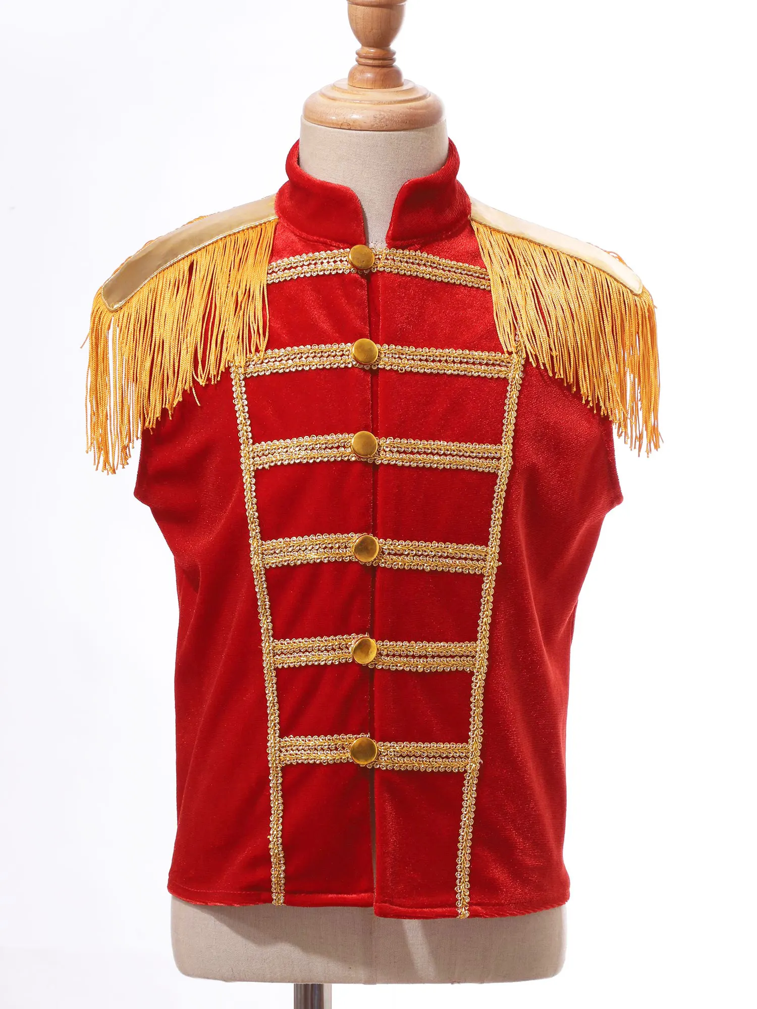 Kids Circus Showman Military Drummer Costume Sleeveless Fringe Epaulet Gold Lace Decor Vest Waistcoat for Cosplay Performance