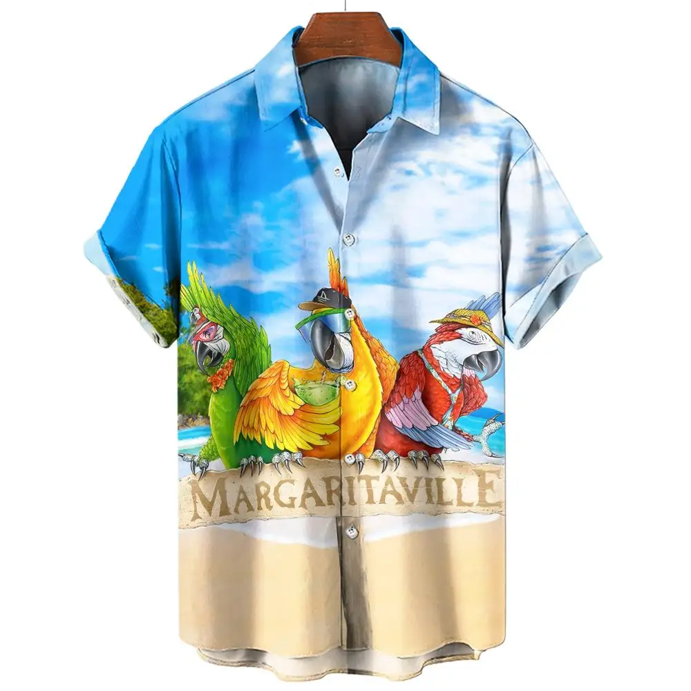 Chemise hawaïenne à imprimé perroquet 3D pour hommes, chemisiers de plage décontractés, chemisier à manches courtes, chemise à revers pour garçon, mode masculine