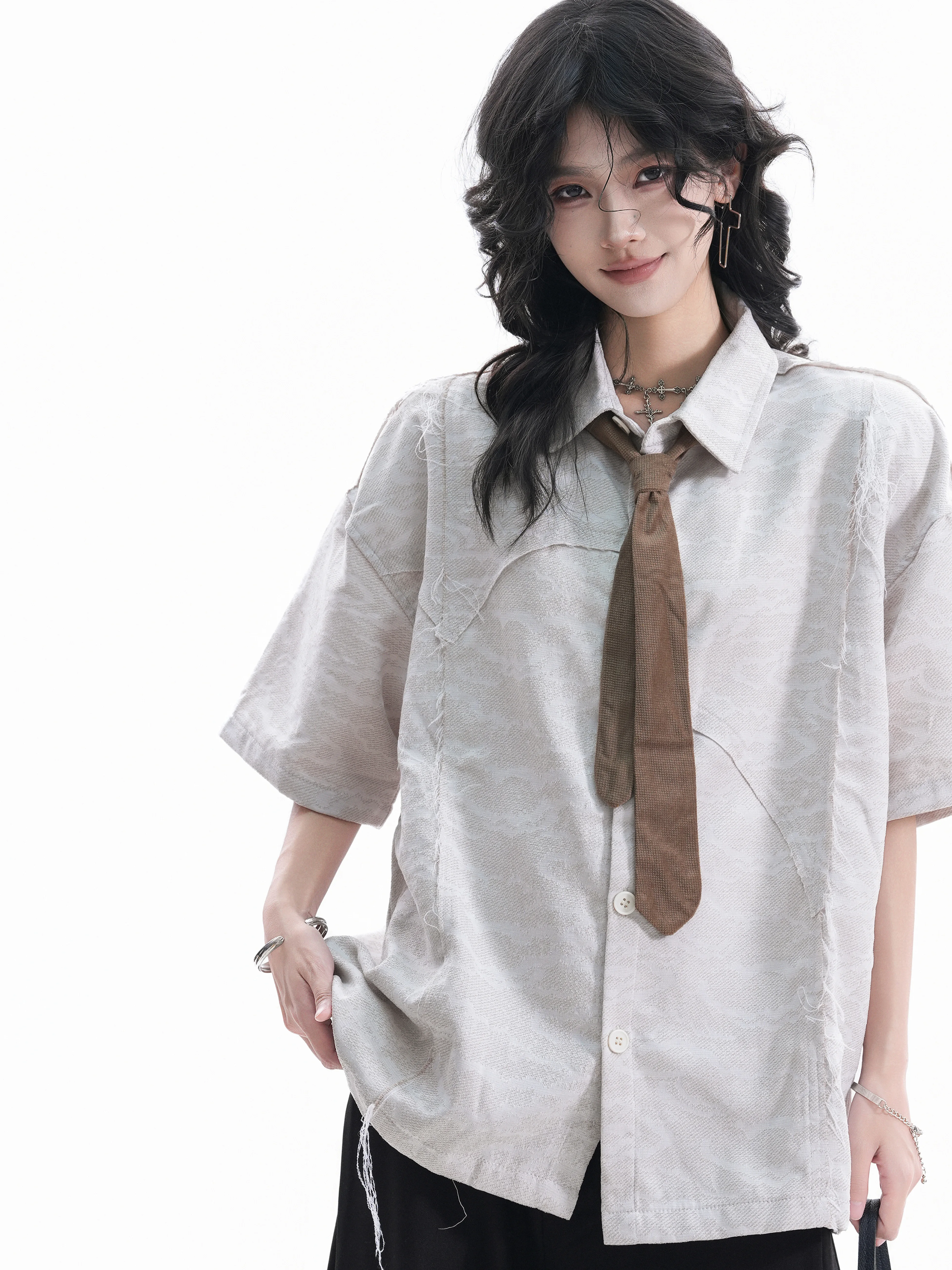 

Retro American Short Sleeve Shirt Women Summer Tie Design Couple Deconstructed T-Shirt Loose Fit Polyester Fiber Open Cardigan