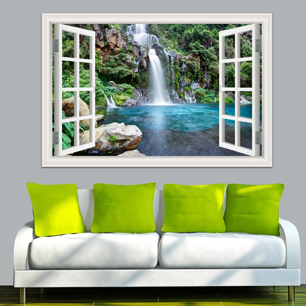 Green Waterfall 3D Window View Wall Decal Sticker, Self-adhesive Mural, Nature Landscape Wallpaper Peel And Stick