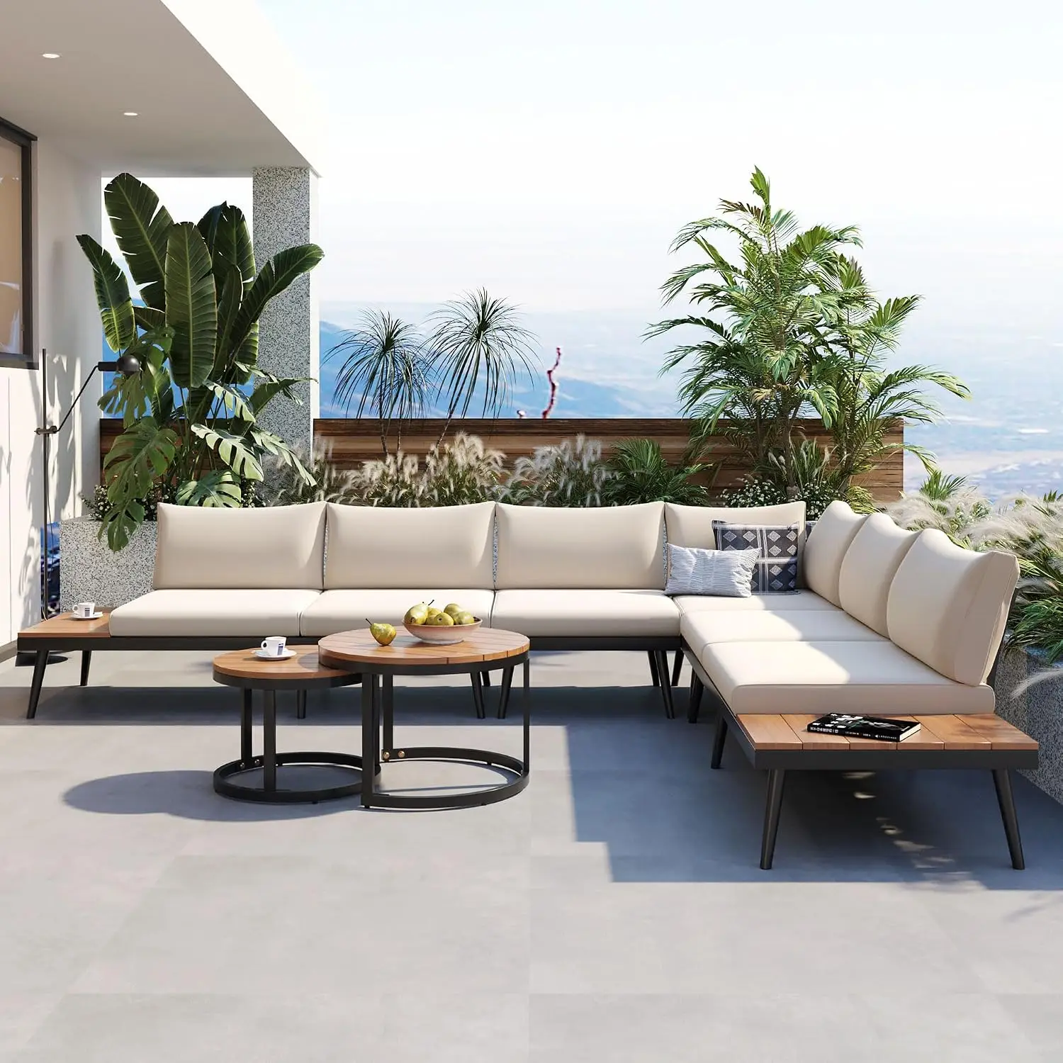 Modern Outdoor Sectional Sofa Set with Round Nesting Coffee Tables Beige, Customized