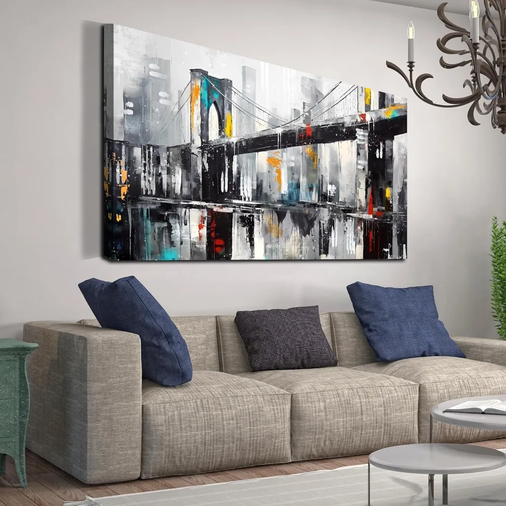 

New York City Wall Art for Living Room, Brooklyn Bridge Canvas Wall Decor for Bedroom, Black and White Cityscape Print Paintings