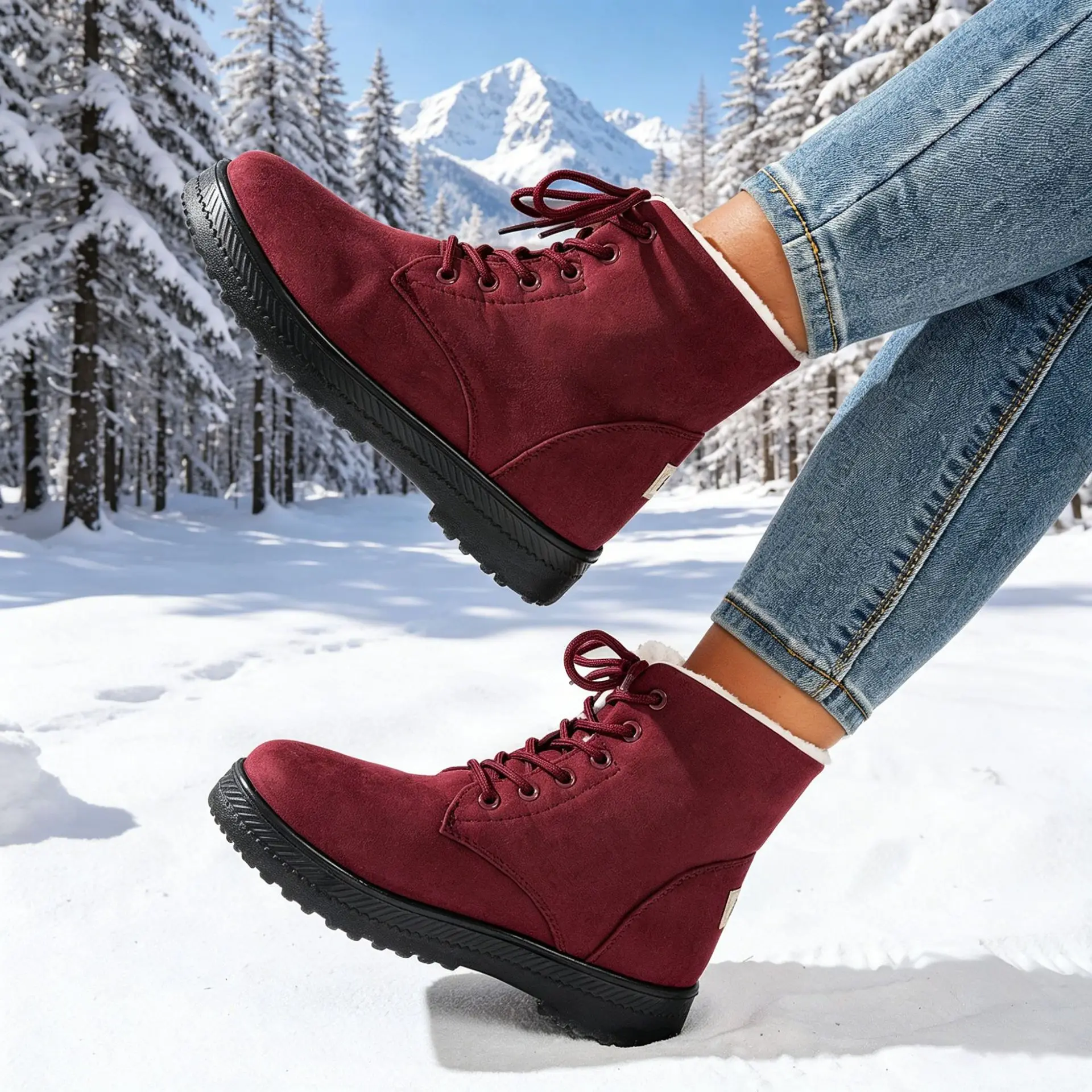 Damen Winter Schnür-Schneestiefel mit Wildleder-Optik, Fleece-Futter, Rutschfeste Dicke Sohle, Warme Knöchelhohe Kampfstiefel – Detail 8