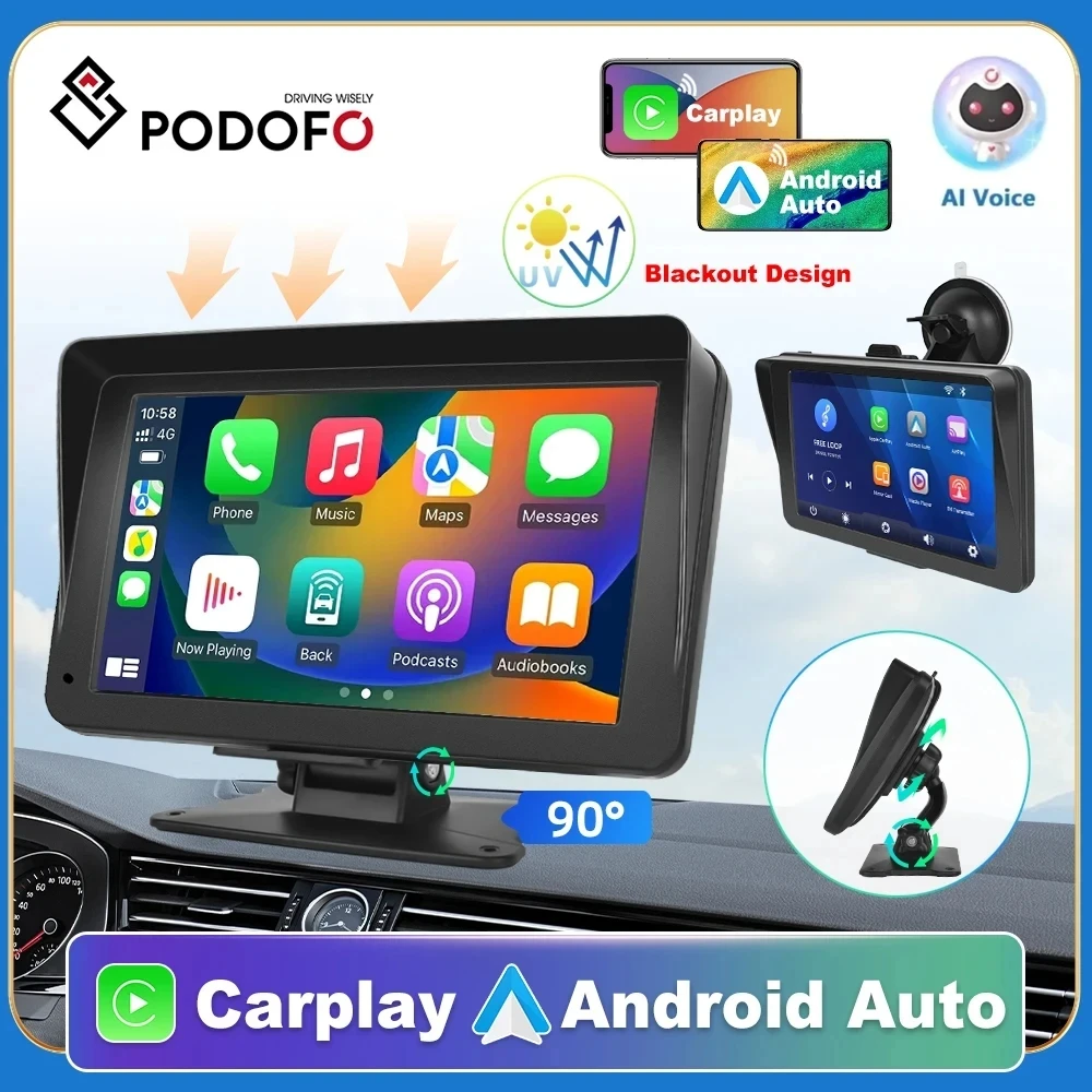 Podofo 7inch Carplay & Android Auto Mirror Voice Control Touch Screen Car Monitor Radio Smart Player Dashboard Camera