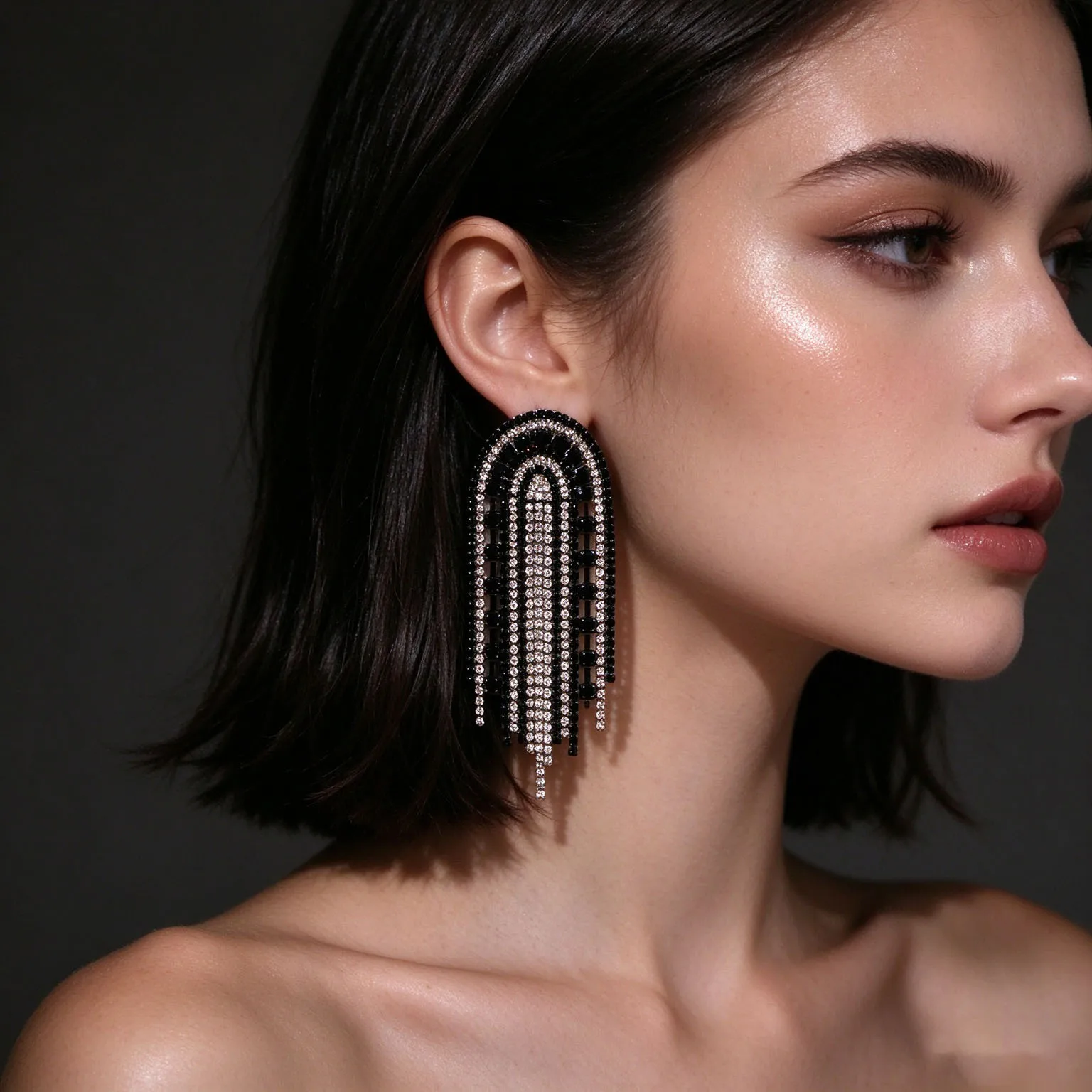 1pc Women Black White Rhinestone Tassel Drop Earrings Oversized Arch Statement Dangle Earrings for Evening Party Prom Jewelry