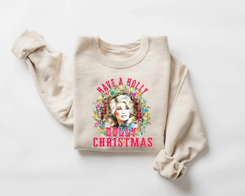 

Have A Holly Dolly Christmas Women Holiday Sweater Cowgirl Christmas Dolly Parton Winter Clothes Women Clothing Graphic Sweater