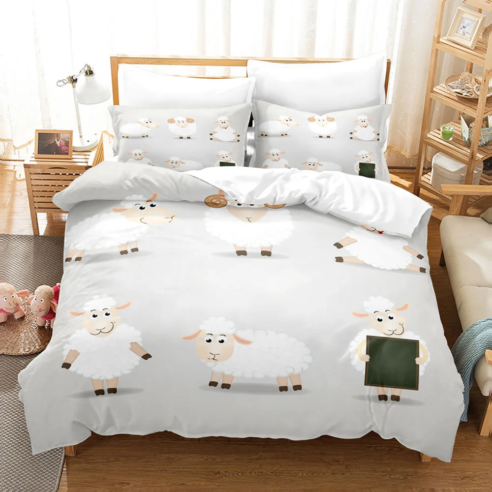 Cartoon Goat Duvet Cover Set Cute Kawaii White Goat White Background King Queen Size for Girls Boys Gift Polyester Bedding Set