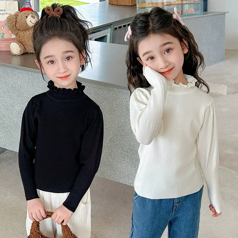 

Girls' Pleated Sweater 2026 New Item, Children's Thin Knitted Autumn and Winter Cotton Pullover, High Neck Top, Korean Style