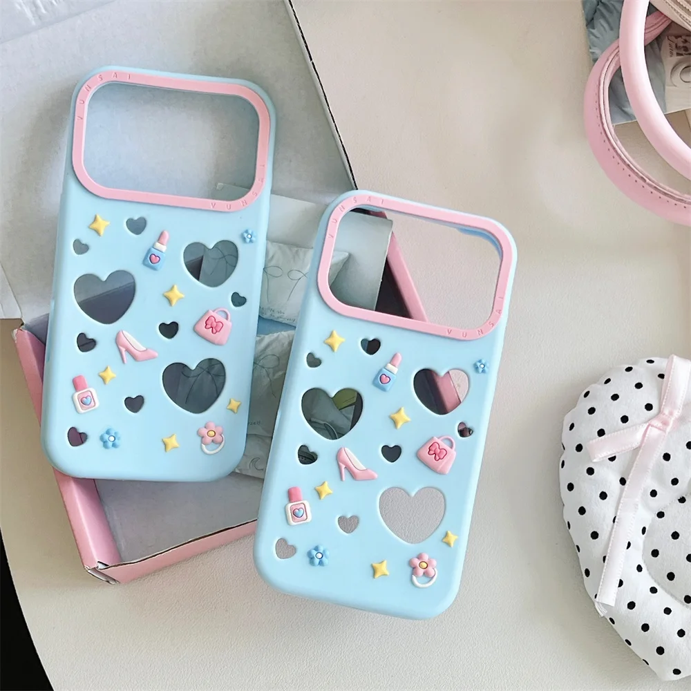 Pastel Blue Hollow Heart High Heels Handbag Perfume Charm Phone Case for 17 Pro Max Soft Silicone Protective Cover for iPhone 16