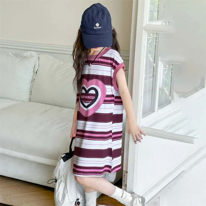 Elegant Girls Sleeveless Dress with Heart Print for Tweens Child Slim Fit Fashion Streetwear Summer Clothing Kids Stripe Dresses