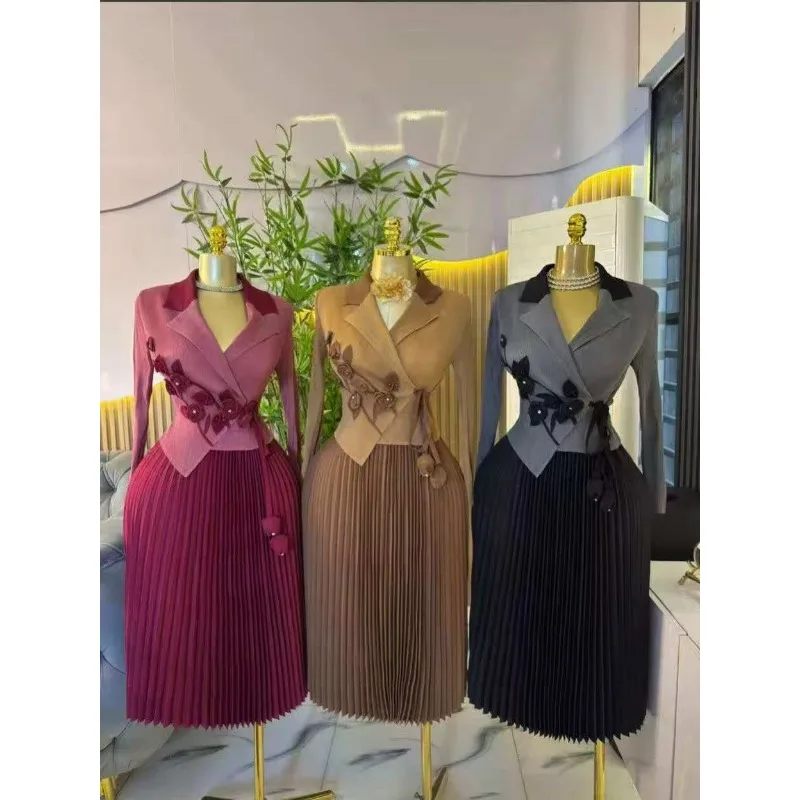 Miyake Plissee Afrikanische Frauen Plus Größe Kleider Hals Taille Stereoskopische Blume Dekoration Lose Elegante Dehnbare Lange Rock