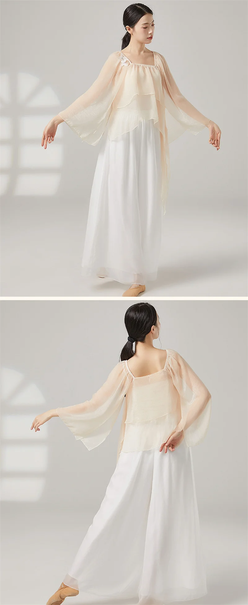 Damen-Oberteil für klassischen Tanz, durchsichtig, locker sitzende Chiffon-Bluse mit fließenden Ärmeln, chinesisches Volkstanz-Übungskostüm für Bühnenauftritte – Detail 8