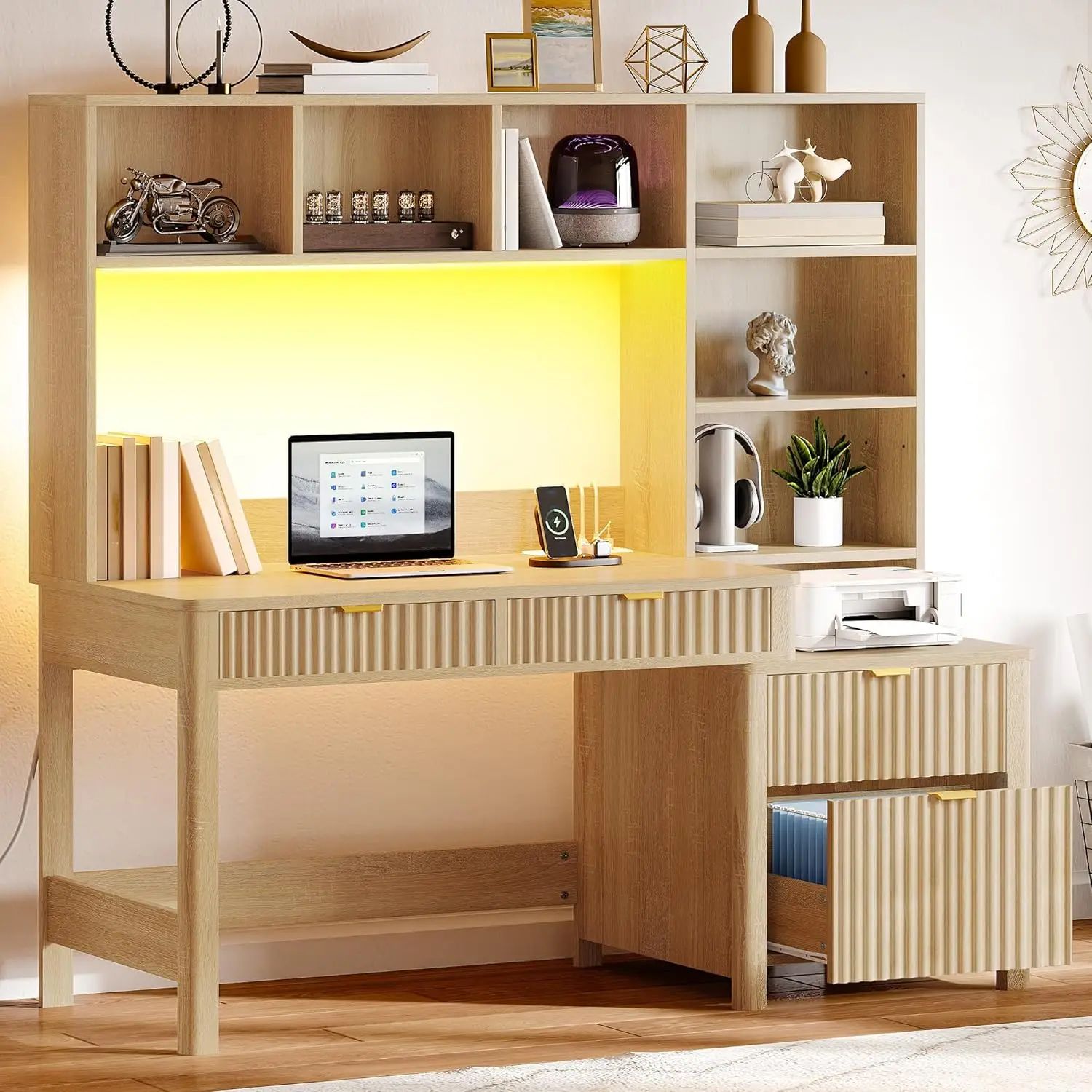 مكتب كمبيوتر مزود بخزانة وأدراج، مكتب مكتب مقاس 55 بوصة مع أرفف تخزين وحامل طابعة، مكتب ألعاب مزود بمنافذ طاقة #4