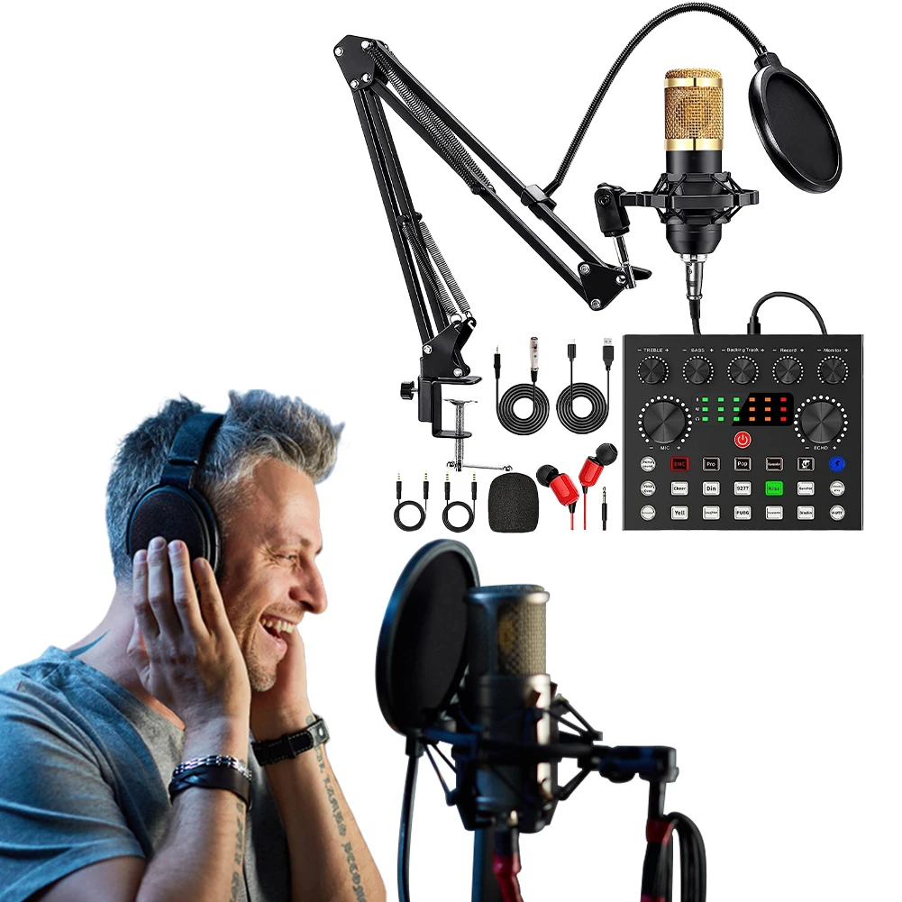 Podcast Equipment Bundle with BM800 Microphone and V8 Sound Card Podcast Microphone Bundle for Laptop Streaming/Live Broadcast