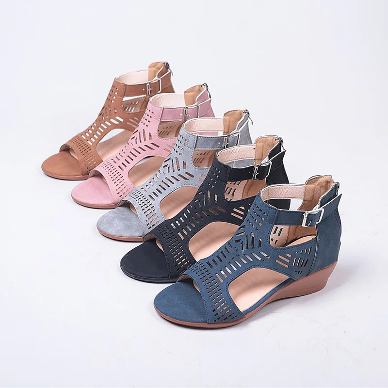 Summer Women\'s Wedges Sandals Hollow Ladies High Heels Fashion Solid Color Buckle Strap Female Sandalias Platform Roman Sandals