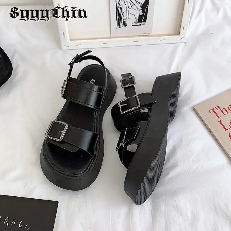 Summer Women Sandals Platform Chunky Heel Flat Metal Buckle Female Shoes Ladies Peep Toe Mujer Casual Daily Slingback Footwear