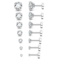 1 Pairs 18G Hypoallergenic Stainless Steel Cubic Zirconia Flatback Stud Earrings Ear Cartilage Piercings for Women Men 2-8mm