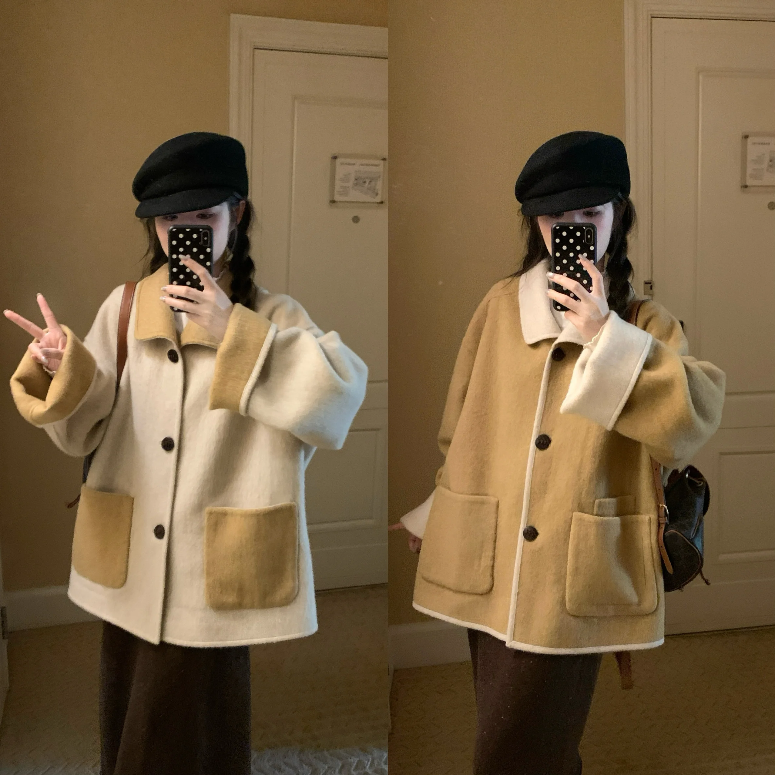 

Двустороннее пальто-накидка Yoursjin с цветным воротником, из двусторонней шерсти, осенне-зимняя женская модная верхняя одежда