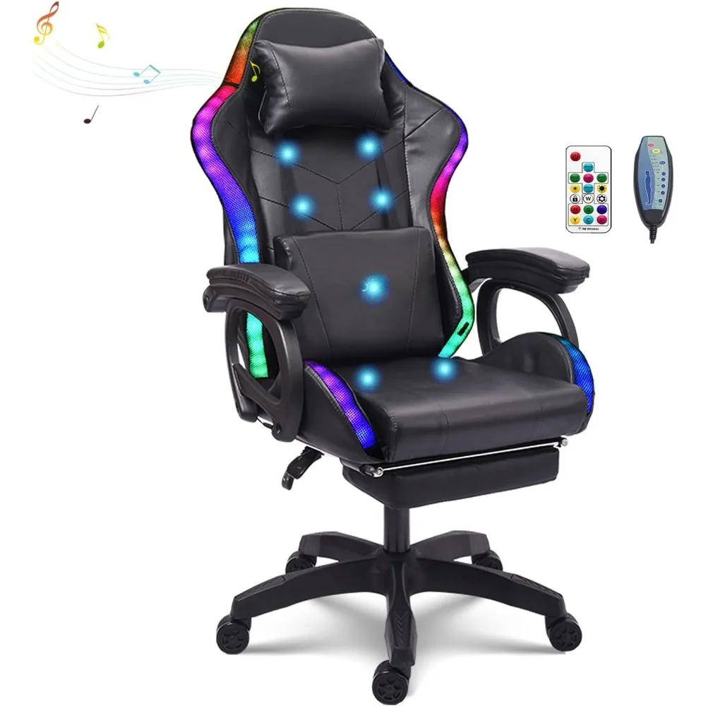 

Gaming Chair with Speakers and LED Lights, Footrest and Lumbar Support, Ergonomic 7-Point Massage Gaming Chair