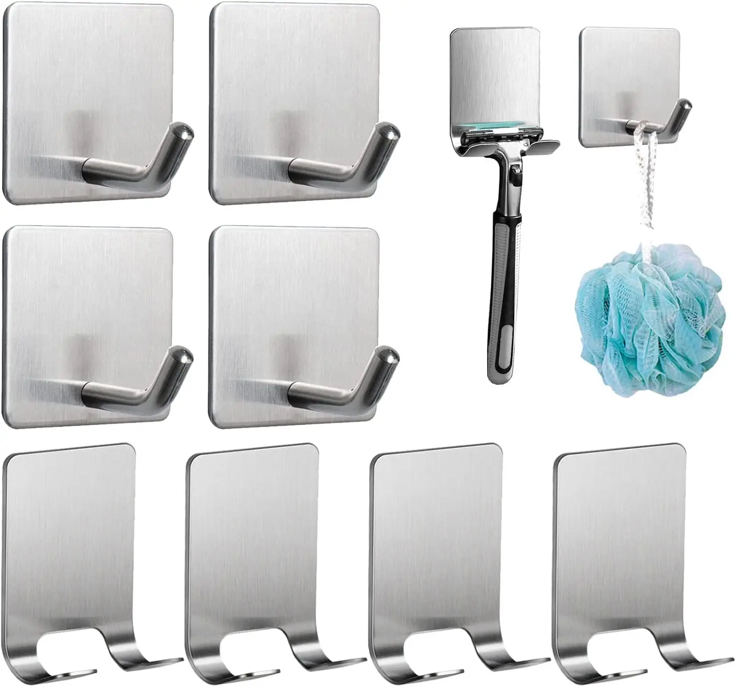 

8 Pack Adhesive Hooks: 4 Razor Holders & 4 Heavy Duty Waterproof Sticky Hooks for Shower, Towels, Loofah, Coat, Hat in Silver