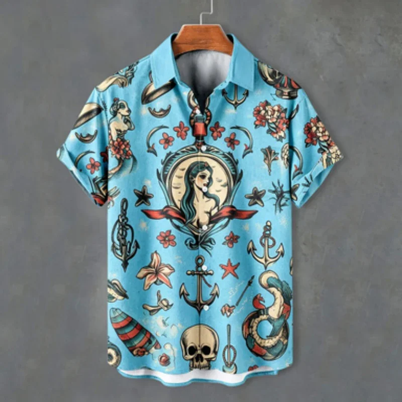 Men's Nautical Mermaid Tattoo Print Hawaiian Shirt Anchor & Skull Short Sleeve Button Down Summer Casual Beach Oversized Tops