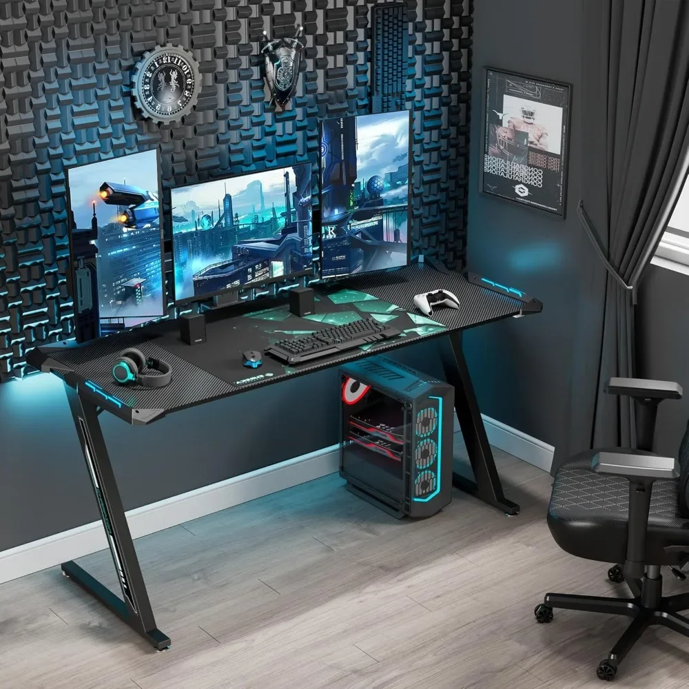 Gaming Desk with Led Light, Carbon Fibre RGB Tabletop, Stable Z-shaped Legs, Ergonomic Desks for Home Office, Computer Desk