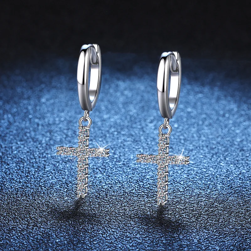 18K gold earrings, moissanite earrings, European and American style cross earrings, D color moissanite women's earrings