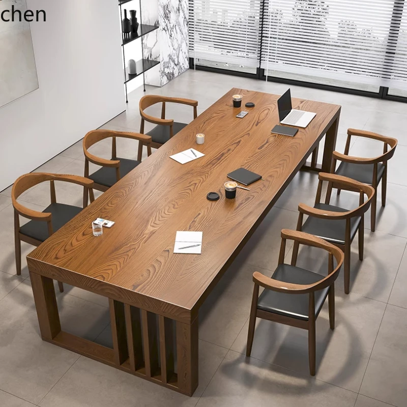 HYS log conference long table simple office desk solid wood negotiation table and chair combination rectangular workbench