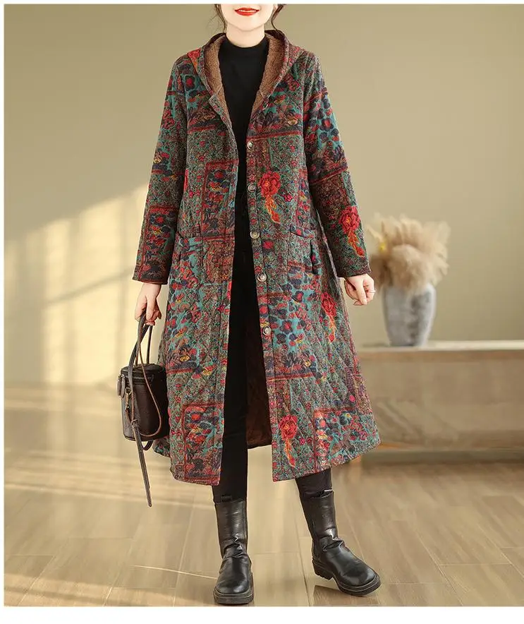 Women Mid-length Fleece And Thicken Hooded Clothing Vintage Ethnic Style Flower Warm Long Sleeves Single Breasted Cotton Jacket