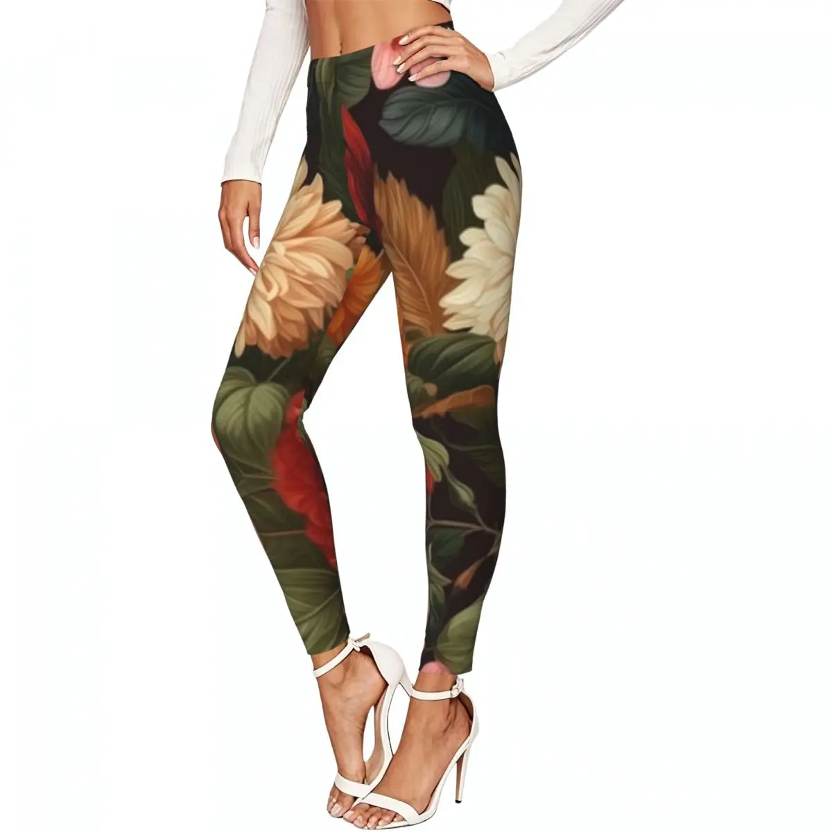 Women High Waist Elastic Leggings Colorful Flowers With Foliage Slim Fit Stretchy Pants Casual Wear