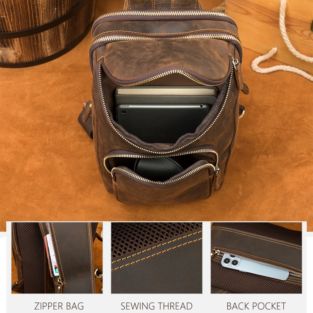 MVA Vintage Full Grain Leather Sling Bag Crossbody Chest Daypack Personalized Men Shoulder Bag Travel Gift For Boy/Father 9087