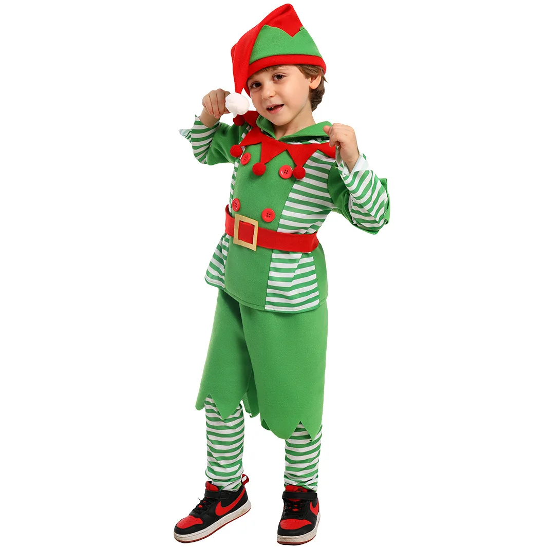 Costume de cosplay d'elfe de Noël pour enfants, chapeau de performance sur scène, tenues vertes, pantalon en Y, fête scolaire, enfants, garçons