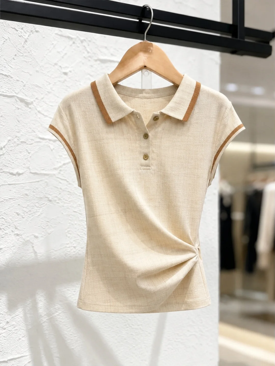 

Korean Style Neck Color Block Short Sleeve Women's Shirt Fashion Slimming Summer Top Stylish Ageless Poetess Silk Blend