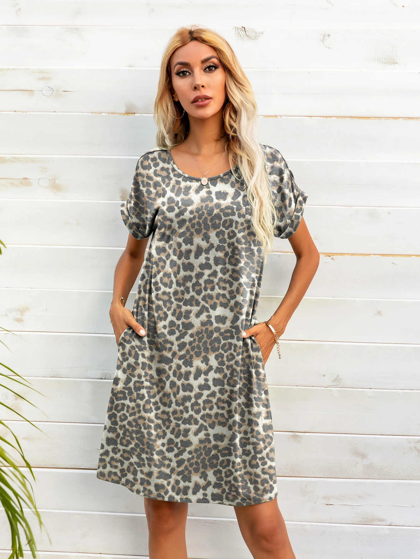 

LEVACA Casual Leopard Print Round Neck Roll Sleeve Tee Dress Womens Summer