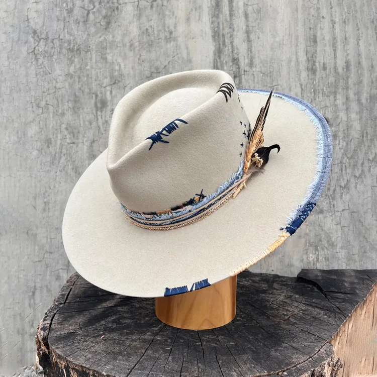 Fashionable Pure Wool Hat with Ribbon and Feather Decoration Sheepskin Hat