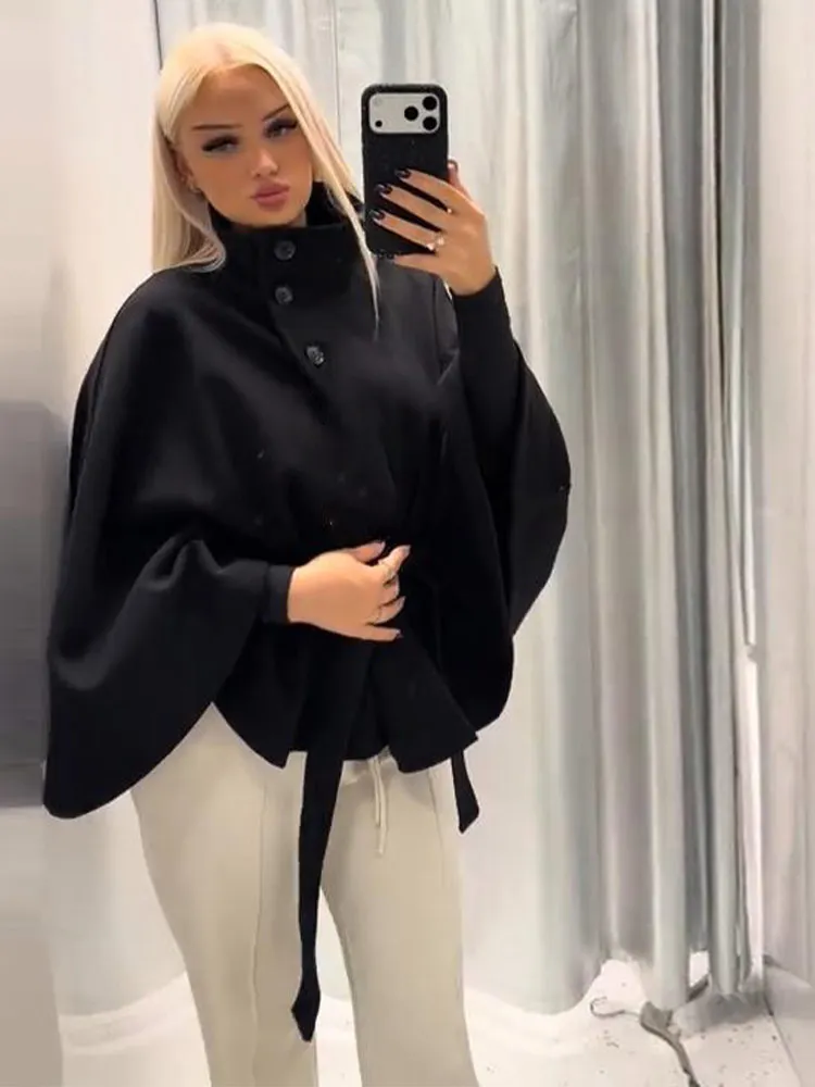 Women's Windbreaker Belted Cape Coat Oversized Jacket Stand Collar Top Autumn Single Breasted Loose Woolen Jackets Woman Clothes