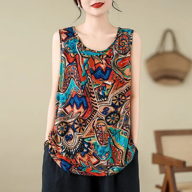 2024 Summer Women Vintage Fashion Floral Print Ethnic Style Sleeveless Vest Casual O Neck Oversized Cotton Linen Tunic Tank Tops