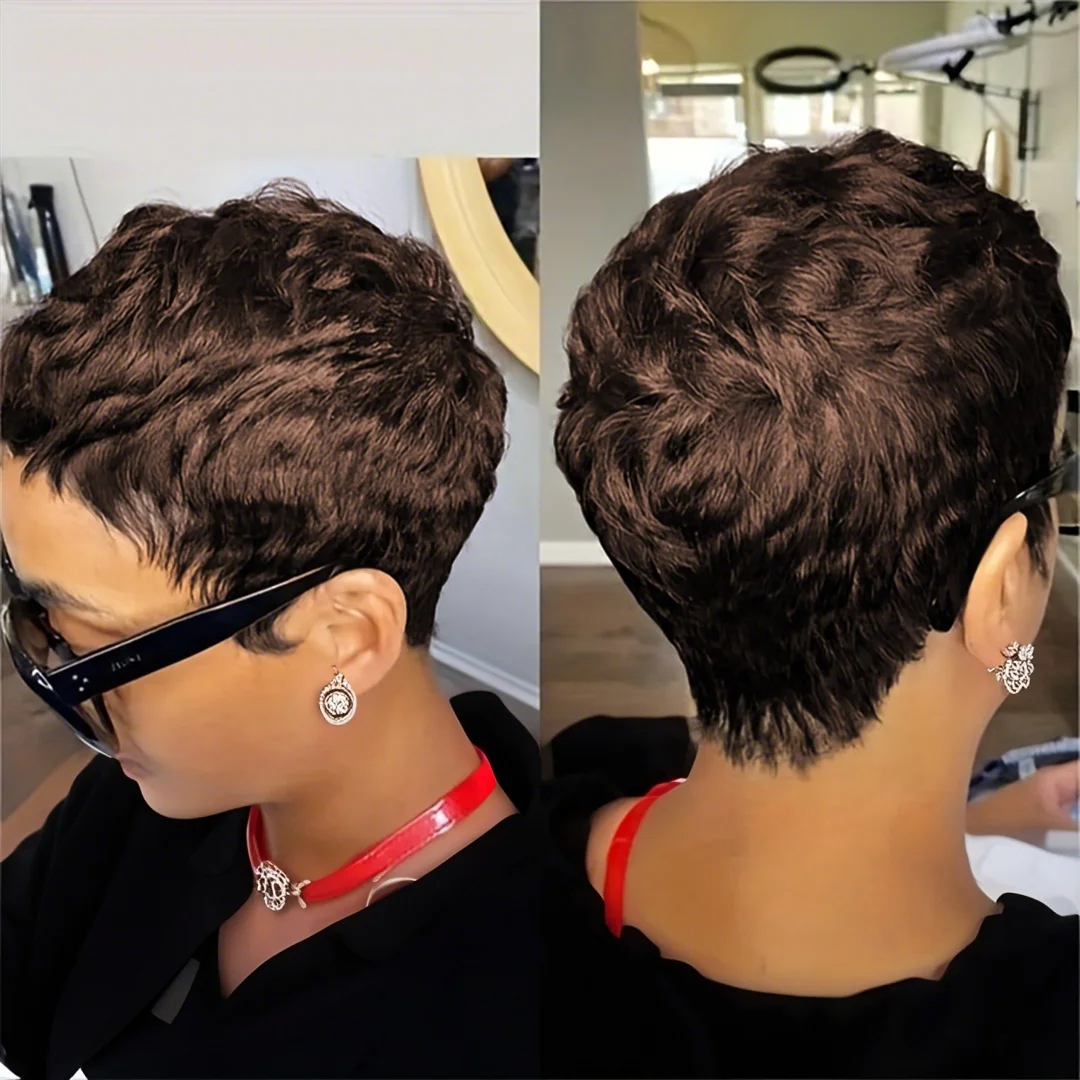 6inch Short Pixie Cut Straight Wig 100% Human Hair for Women Machine Made with Pre-Styled Bangs Tangle-Free Natural Hairline image 2