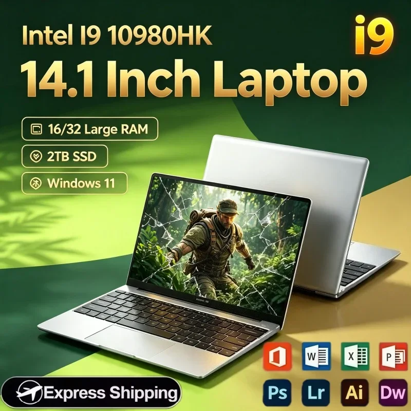 Slim 14.1 Inch Laptop PC Intel I9‑10980HK Processor Windows 11 32GB RAM 2TB SSD High Performance Gaming Office Portable Notebook
