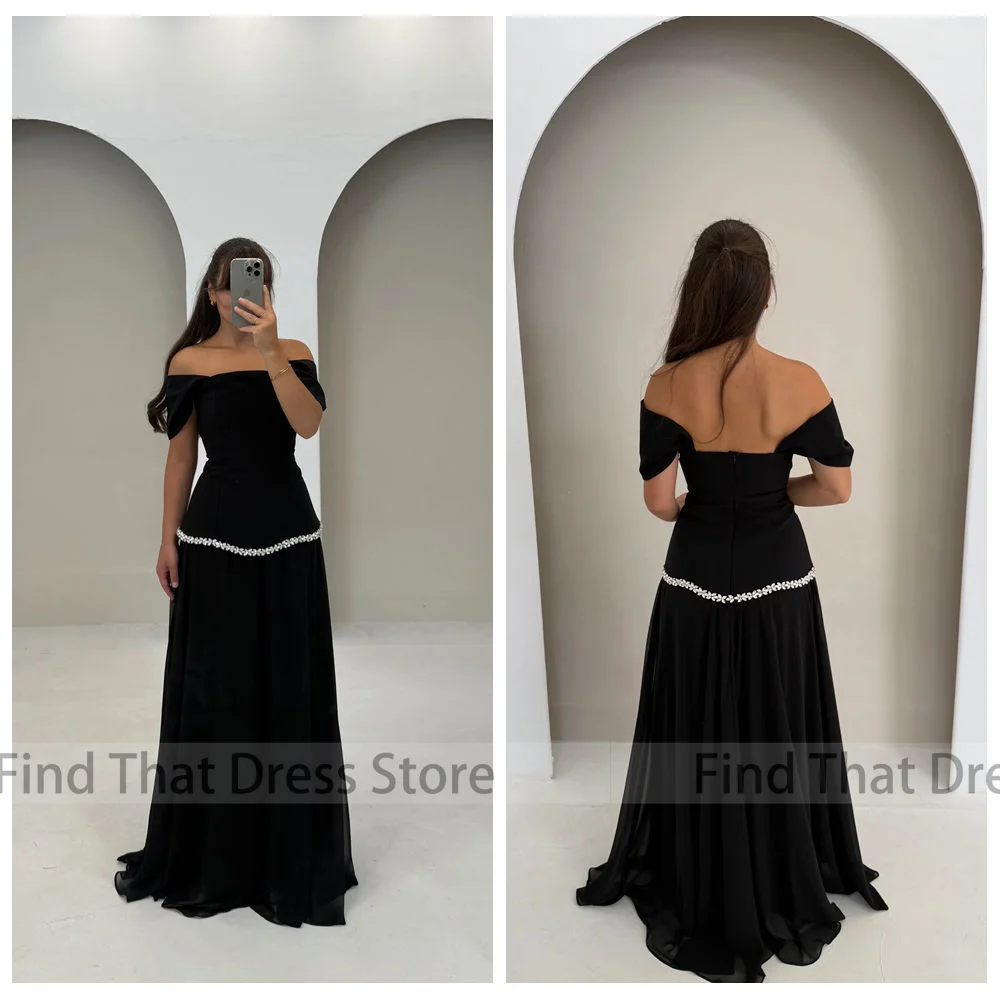 

Custom Made Elegant Off Shoulder A-line Draped Saudi Arab Gown Beaded Crystal Floor Length Evening Dress with Train سهرة
