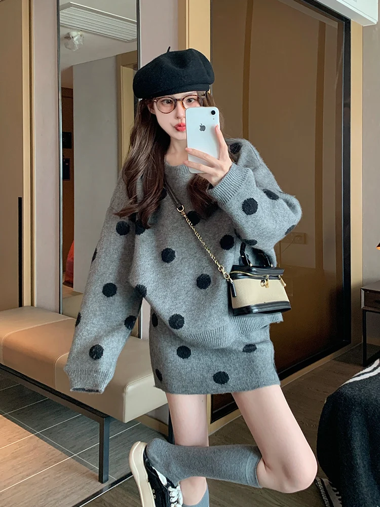 

Women Cozy Polka Dot Knit Set Autumn Winter Thick Sweater & Skirt 2-Piece Petite-Friendly Oversized Lazy Style Gray Warm Outfit