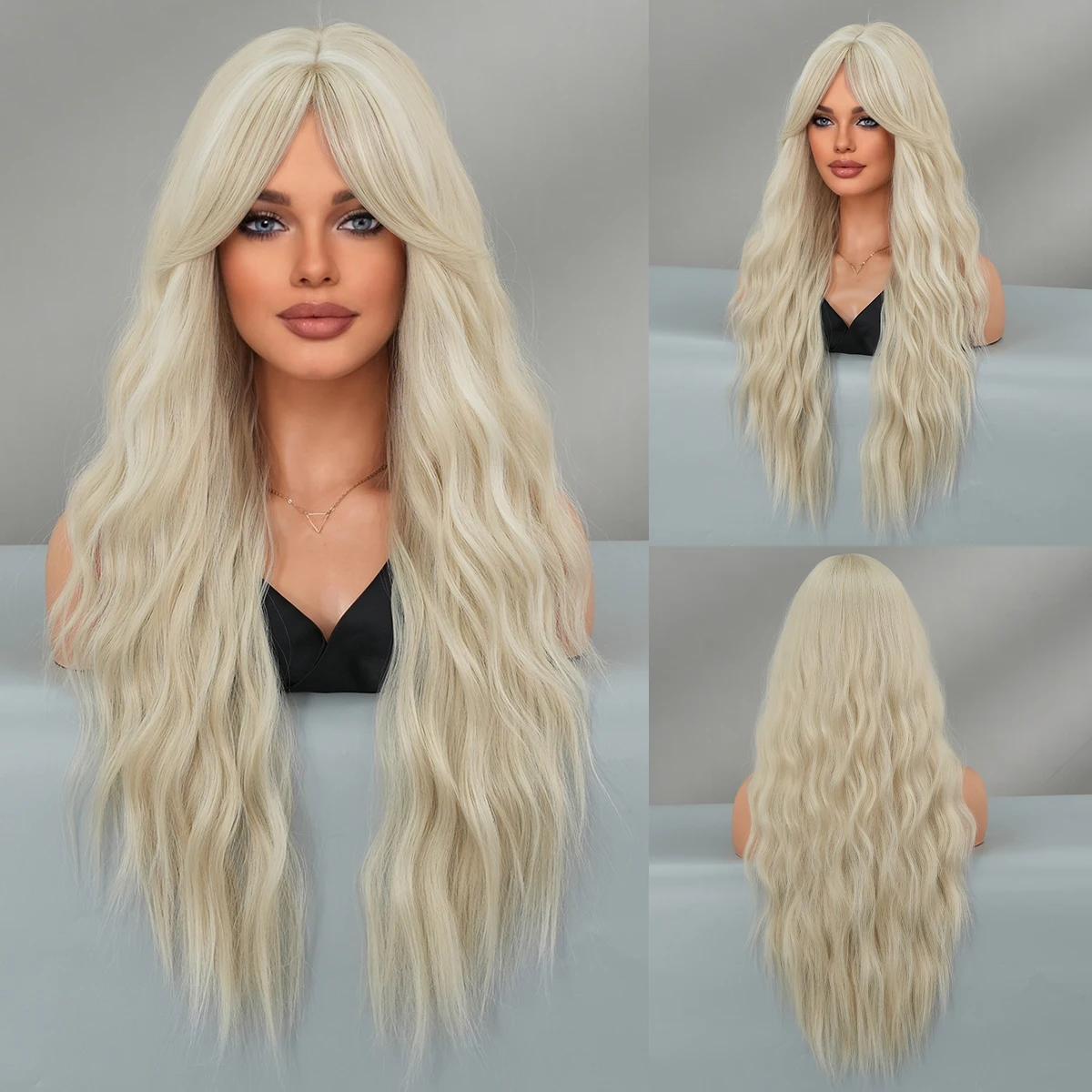 PARK YUN Long Wavy Hair Ombre Blonde Wig for Women Daily Party Highlight Silvery White Curly Wig Synthetic Natural Lolita Wigs