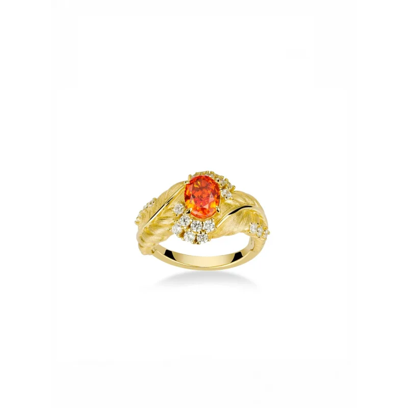 

BELLUX 925 Silver Gold Plated Synthetic Zircon Orange Pigeon Egg Gemstone Four Claw Setting Brushed Ring