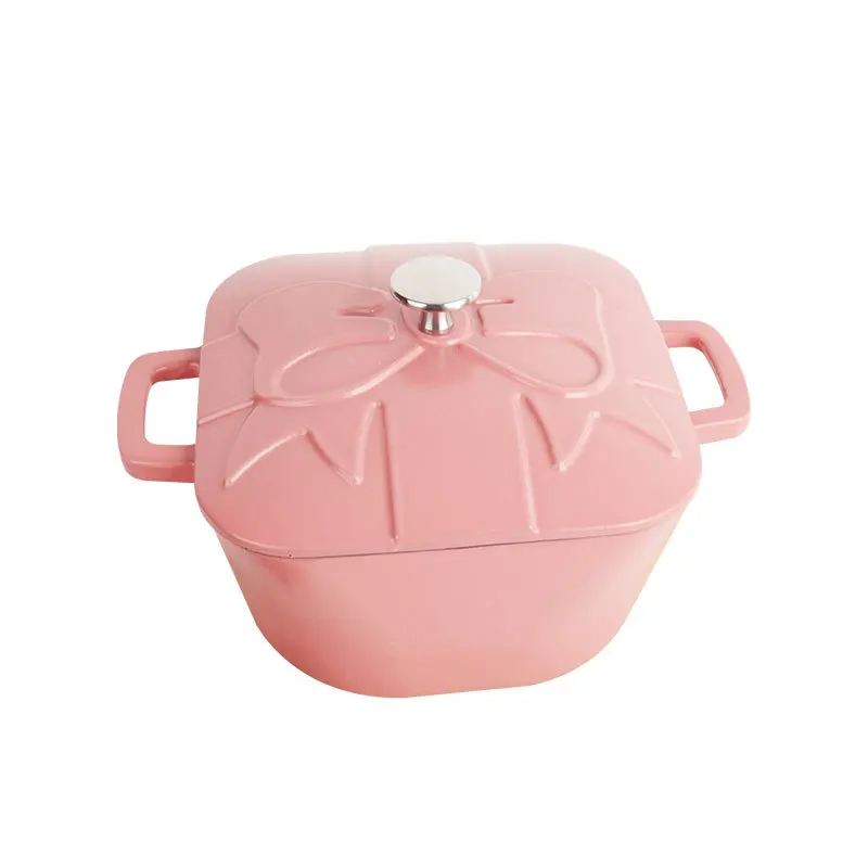 14cm Cute Pink Square Dutch Oven Enameled Cast Iron Pot With Lid Saucepan Casserole Kitchen Accessories Cooking Tools